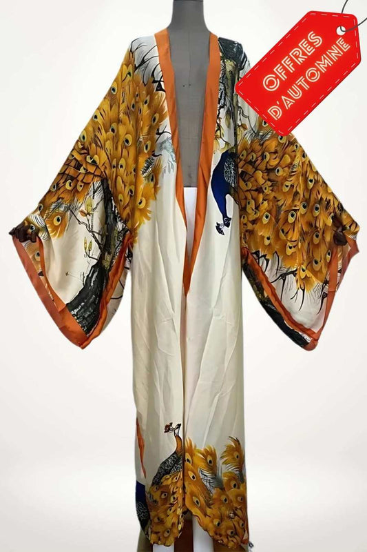 kimono long femme satin motif paon doré crème et orange style fluide chic

