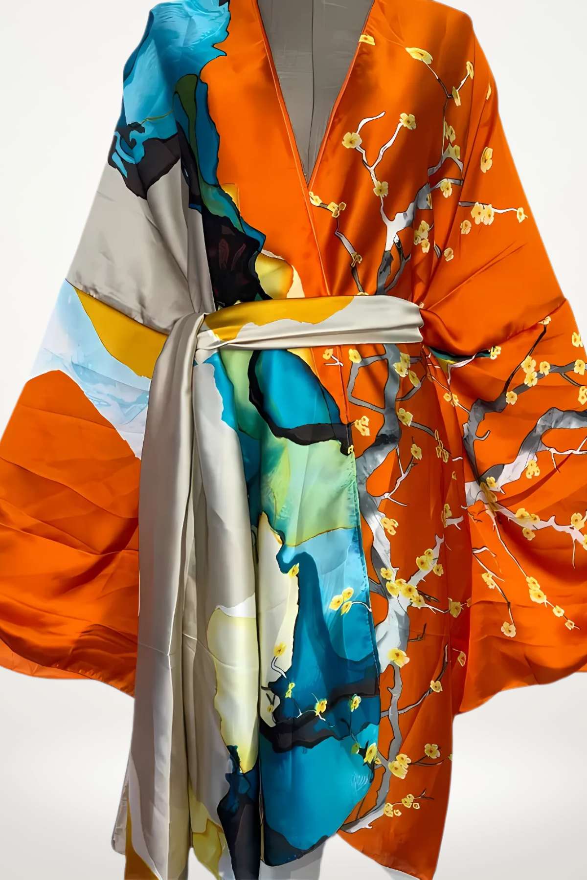 Kimono en satin orange et bleu avec motifs floraux, ceinture grise, drapé élégant et ample, style japonais moderne