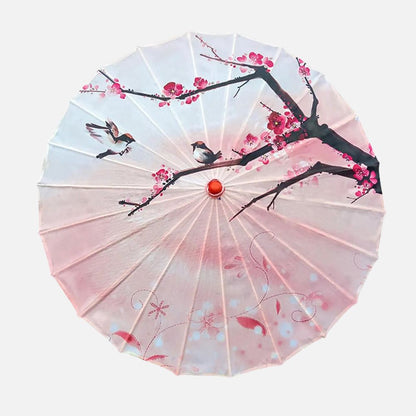 Ombrelle anti-UV rose ornée de fleurs et d'oiseaux, avec un motif délicat sur un fond pastel