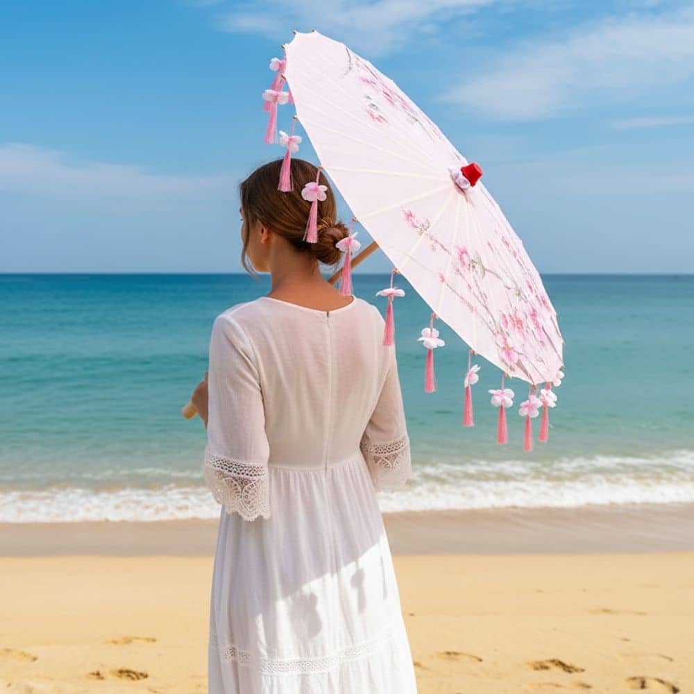Femme en robe blanche tenant une ombrelle rose décorée de fleurs, face à la mer sous un ciel bleu