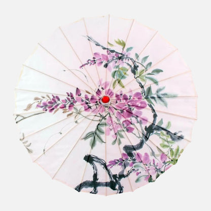 Ombrelle anti-UV violette ornée de motifs floraux en rose et vert sur un fond clair