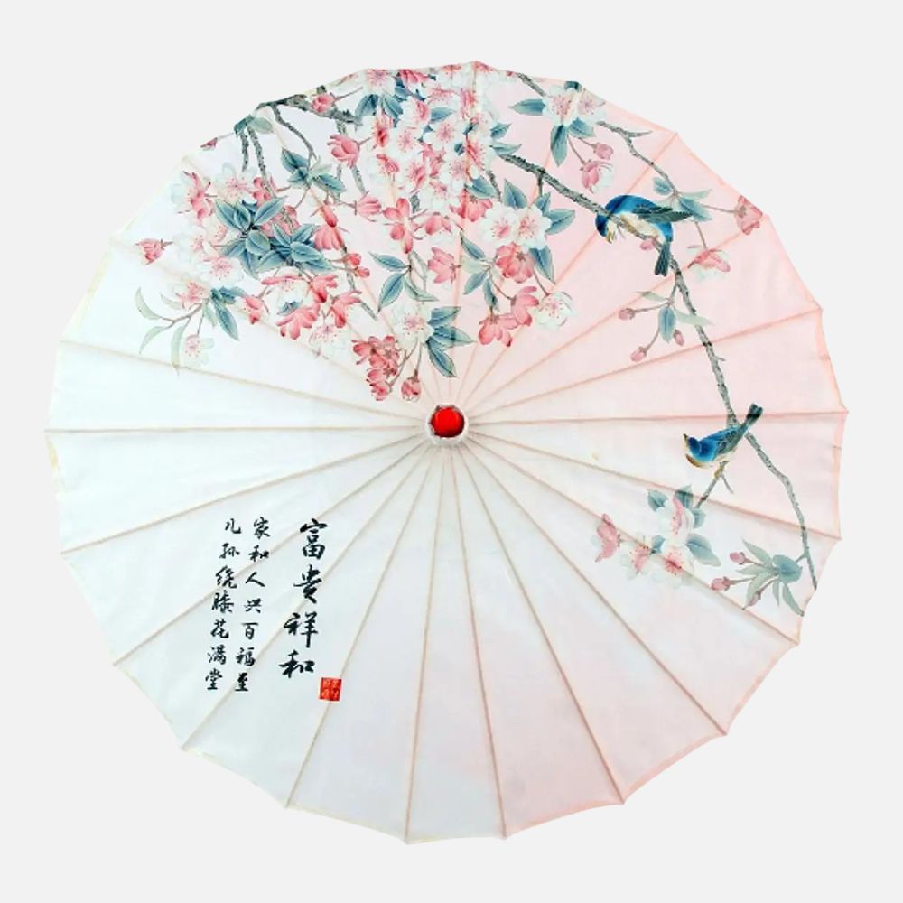 Ombrelle anti-UV rose ornée de fleurs et d'oiseaux, avec un motif délicat et un bouton central rouge