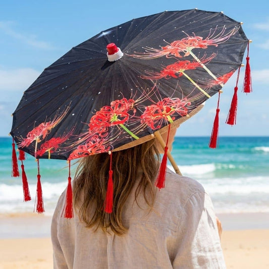 Femme vue de dos tenant une ombrelle noire ornée de fleurs rouges, avec des franges rouges, sur une plage ensoleillée