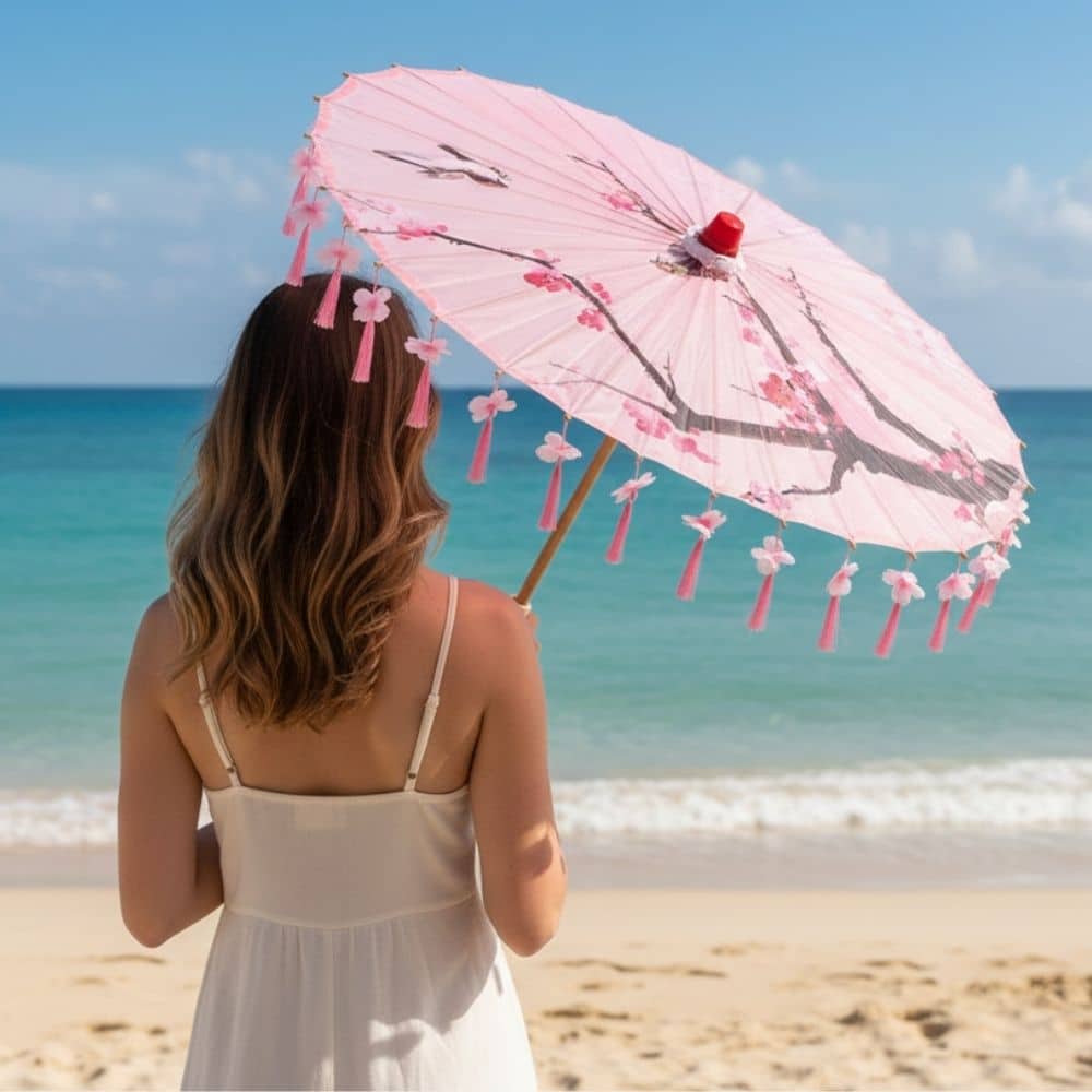 Femme de dos tenant une ombrelle japonaise rose ornée de fleurs, face à la mer turquoise