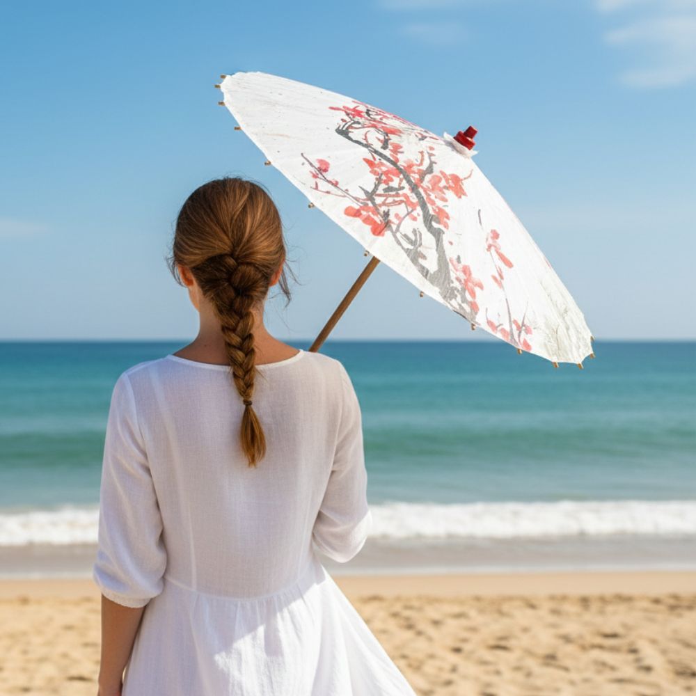Une femme portant une robe blanche tient une ombrelle japonaise ornée de fleurs, face à la mer