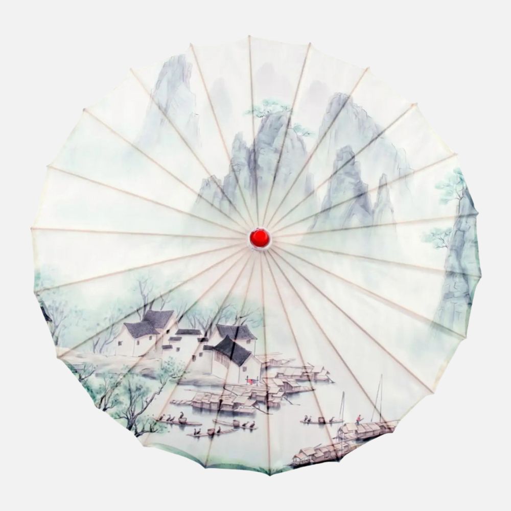 Ombrelle japonaise traditionnelle blanche ornée de motifs de paysages, avec un centre rouge et des rayons en bois