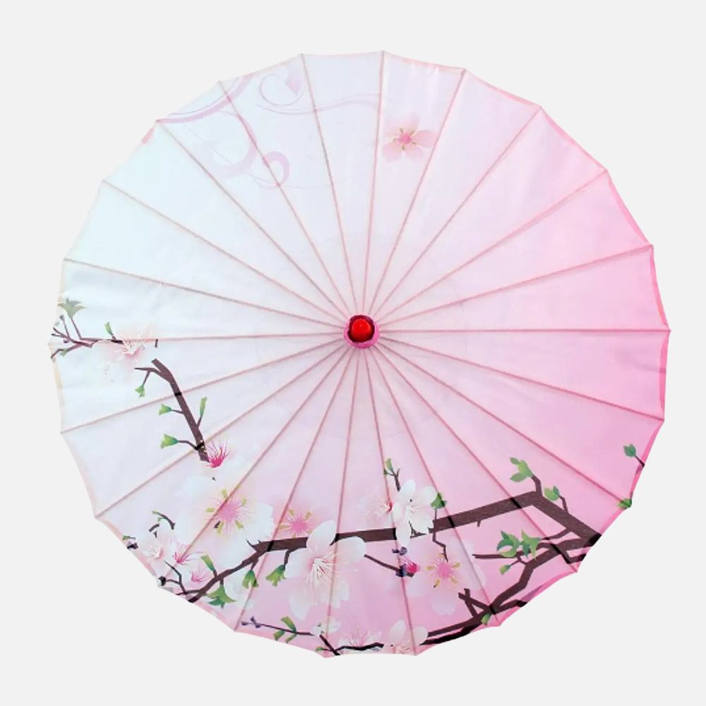 Ombrelle soleil pour femme de couleur rose, ornée de fleurs blanches et de branches sur un fond dégradé
