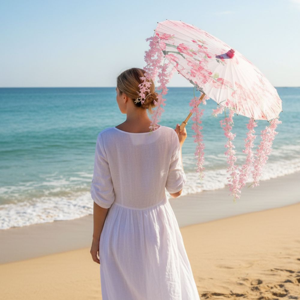 Femme de dos portant un parapluie japonais rose décoré de fleurs, sur une plage au bord de l'eau