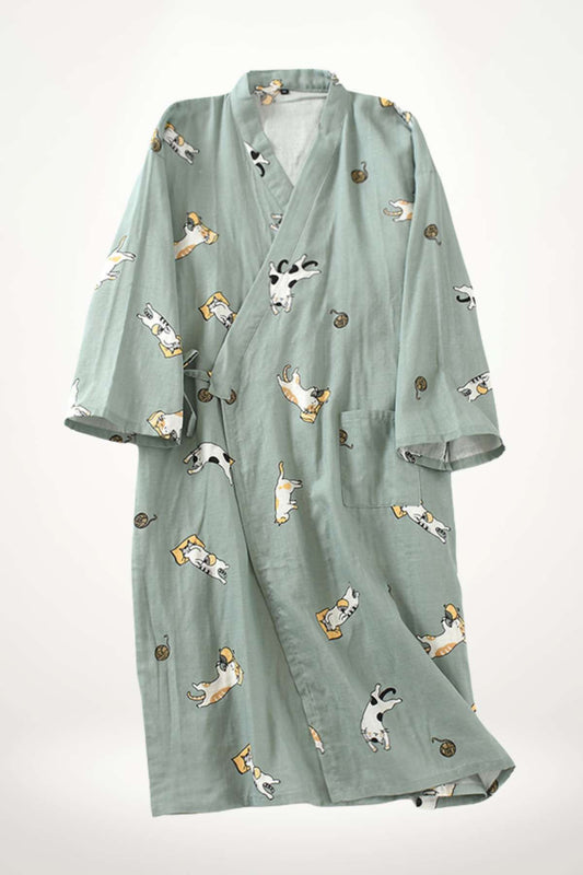 peignoir kimono homme coton vert motif chats détente confort original