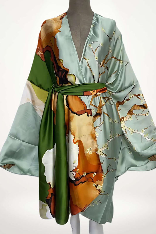 robe kimono femme satin vert jade et bronze à motifs floraux blancs
