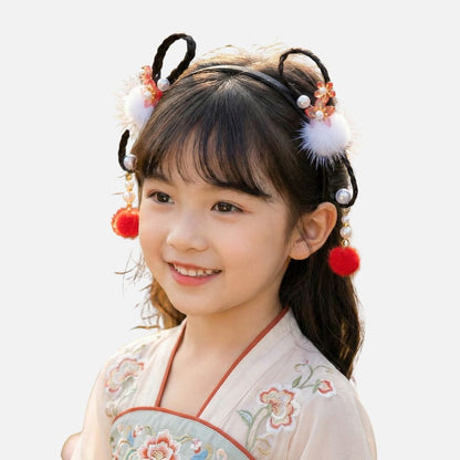 Serre Tête Enfant Fille Noir | Pompons Rouges Contrastés