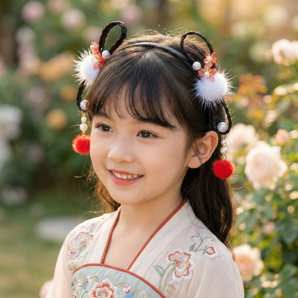 Serre Tête Enfant Fille Noir | Pompons Rouges Contrastés