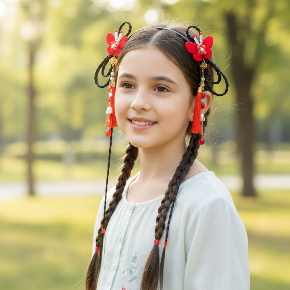 Serre Tête Enfant Fille Noir | Style Chic & Fleurs Rouges