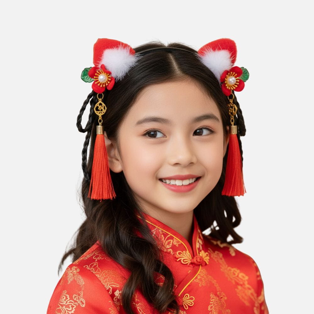 Serre Tête Enfant Fille Noir | Fleurs Rouges & Pompons Blancs