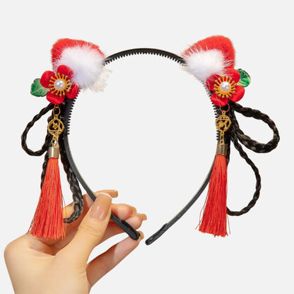 Serre Tête Enfant Fille Noir | Fleurs Rouges & Pompons Blancs