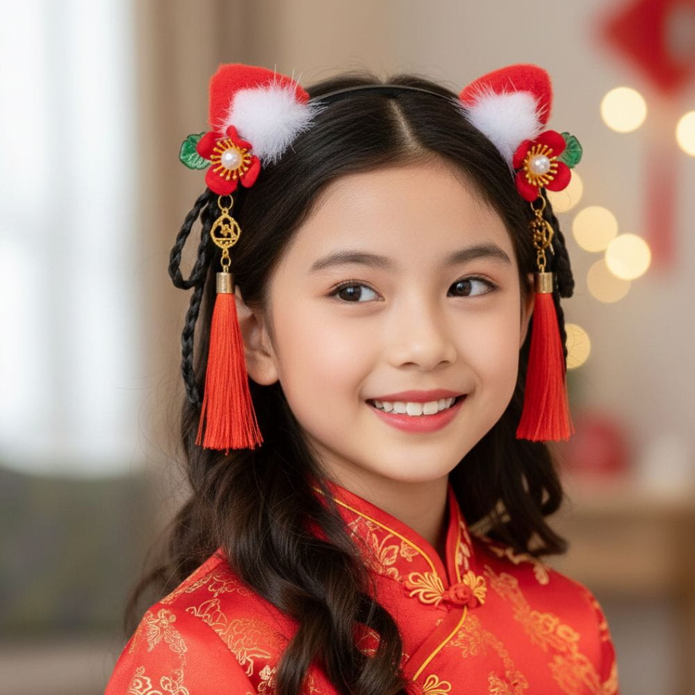 Serre Tête Enfant Fille Noir | Fleurs Rouges & Pompons Blancs