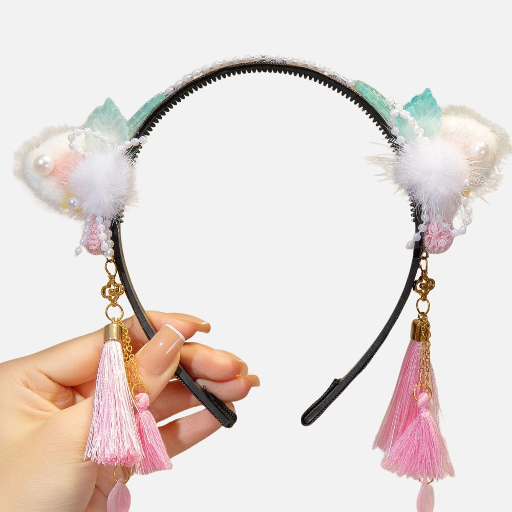 Serre Tête Fille Noir | Fleurs & Pompons Roses