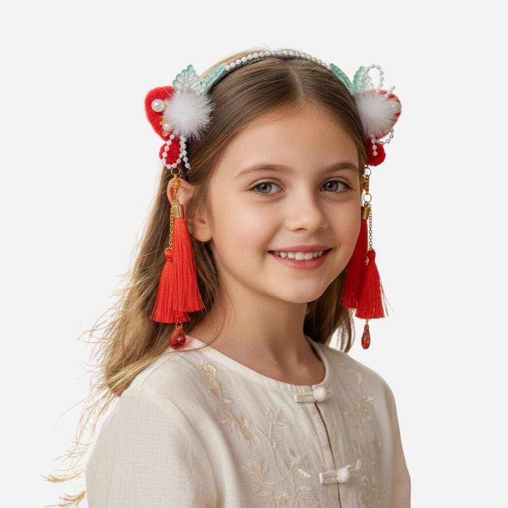 Serre Tête Fille Noir | Perles & Pompons Rouges