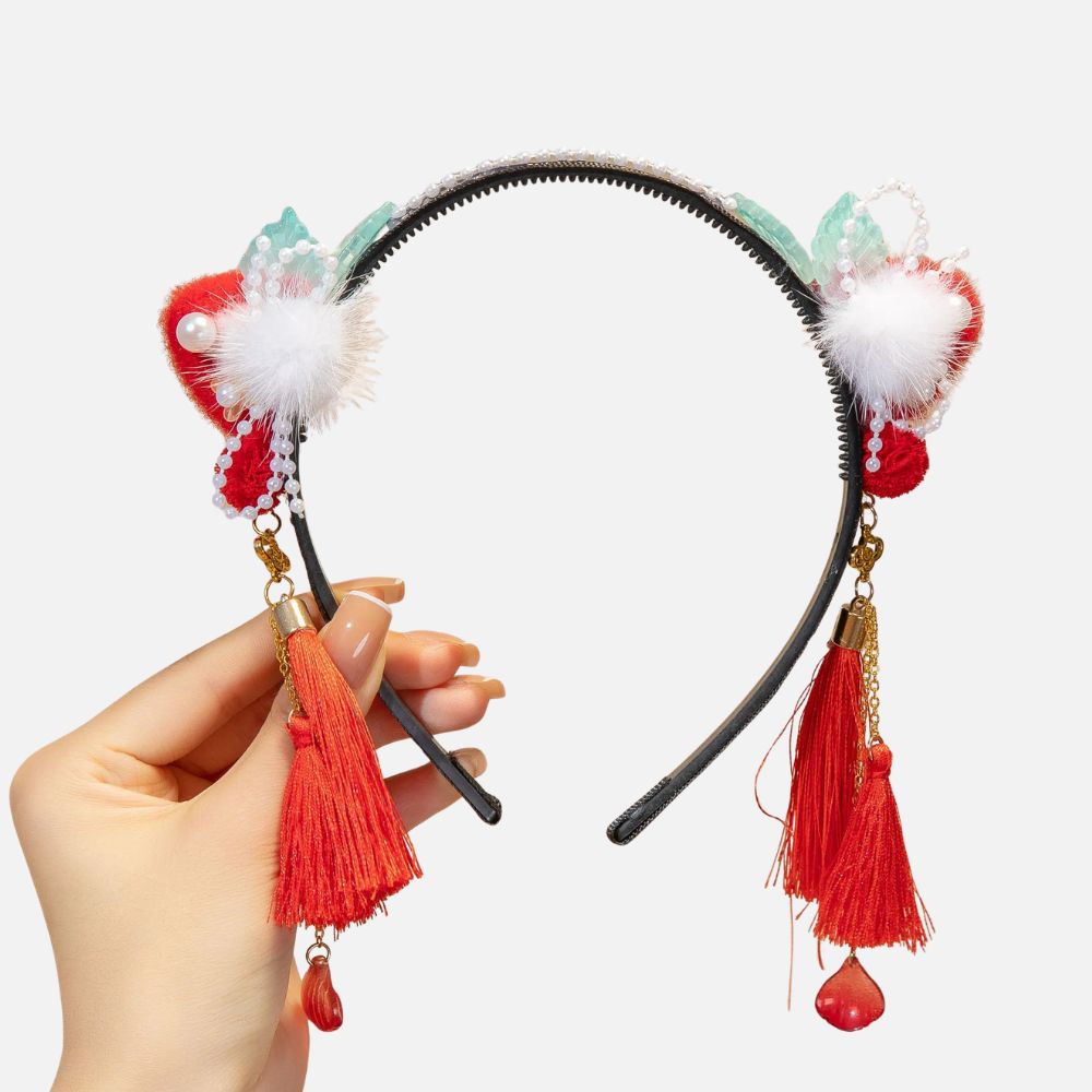 Serre Tête Fille Noir | Perles & Pompons Rouges