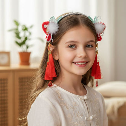 Serre Tête Fille Noir | Perles & Pompons Rouges