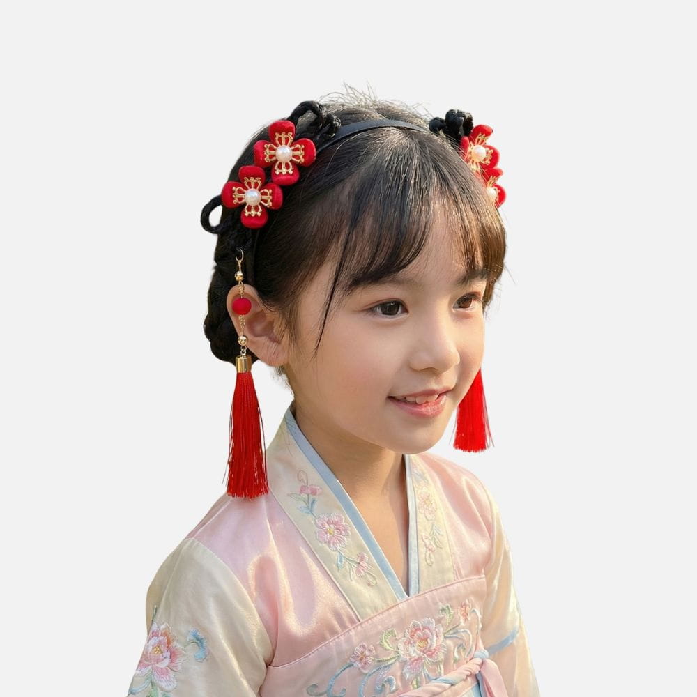 Serre tête Fille Noir | Pompons Rouges & Détails Floraux