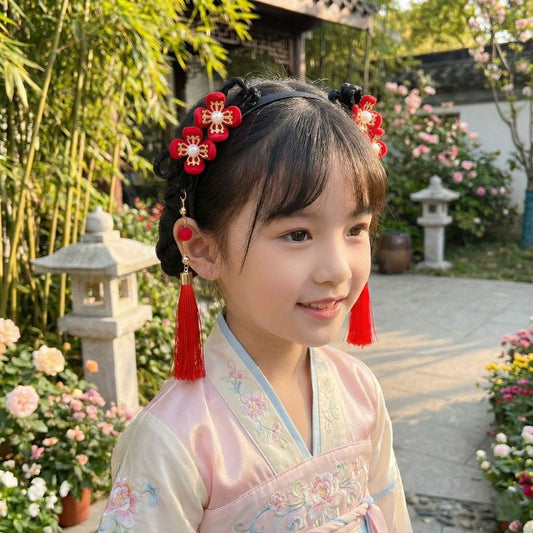 Serre tête Fille Noir | Pompons Rouges & Détails Floraux