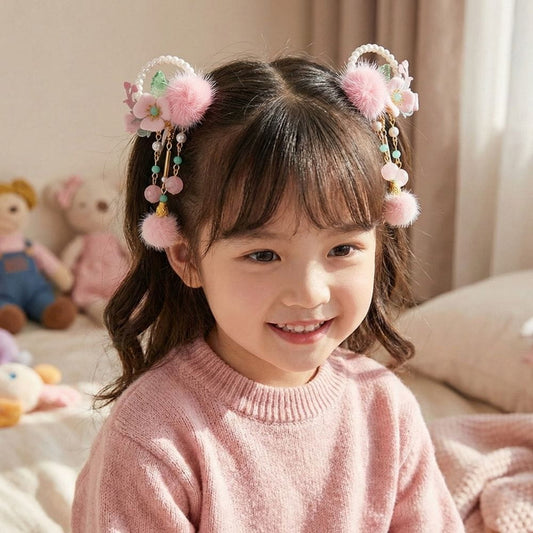 Fille souriante avec des accessoires colorés dans les cheveux, portant un pull rose dans une chambre lumineuse