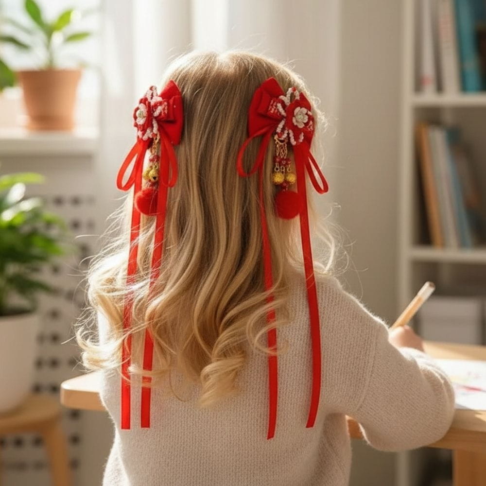 Une petite fille aux cheveux blonds porte des nœuds rouges ornés, assise à une table en bois