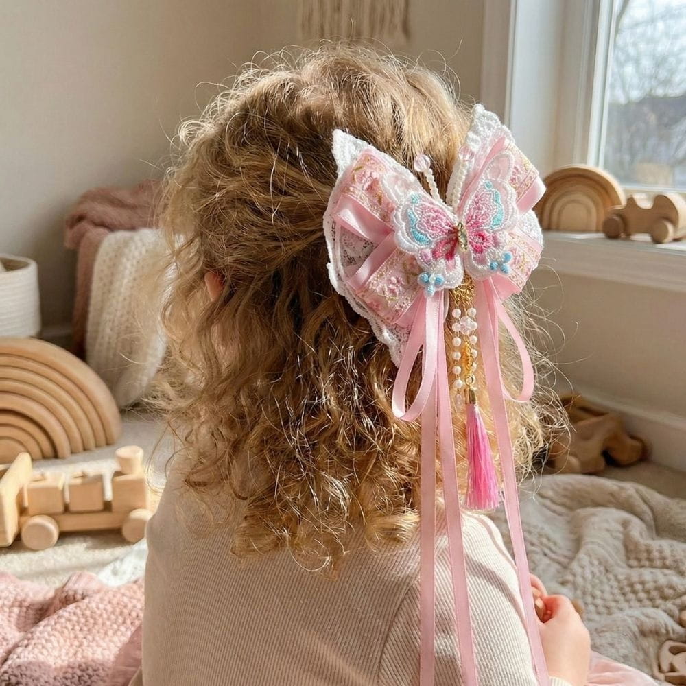 Un nœud en satin rose avec des motifs de papillon et des perles, sur des cheveux bouclés d'une enfant