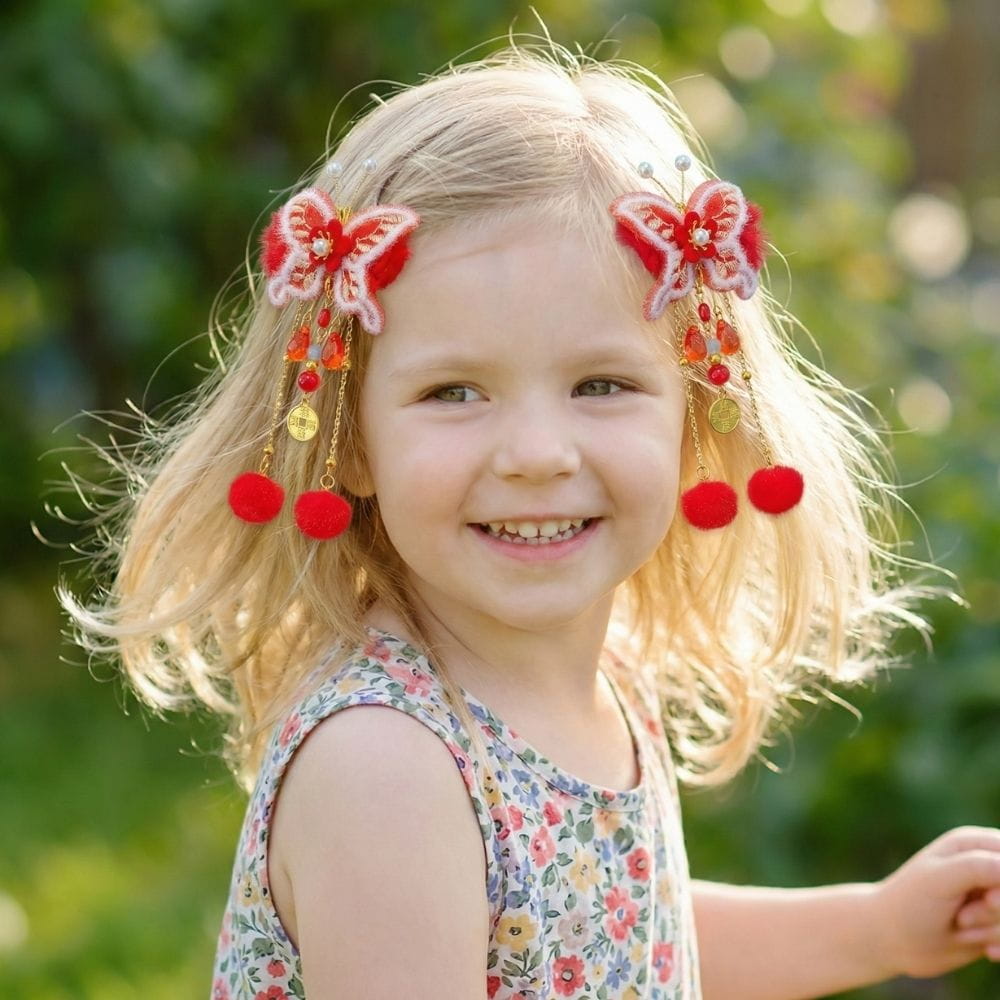 Fille souriante avec des cheveux blonds, portant des accessoires colorés en forme de papillon et des pompons rouges