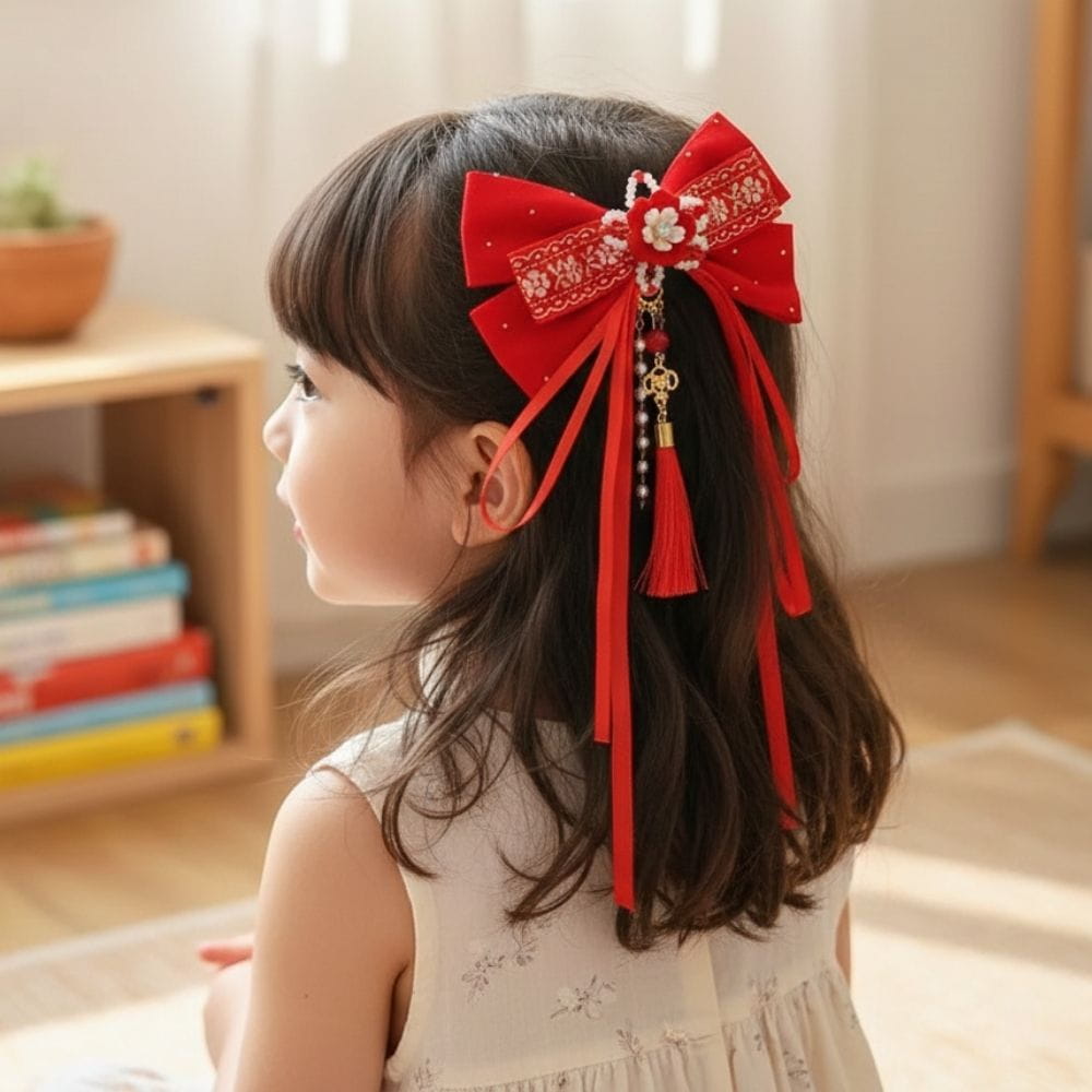 Une petite fille avec un nœud rouge orné de perles et de rubans, assise dans une pièce lumineuse