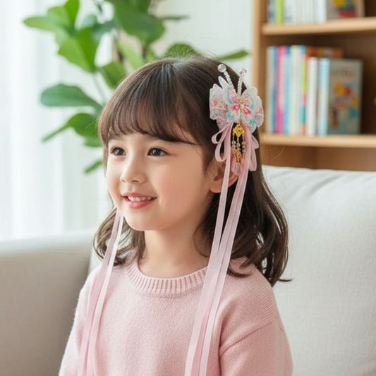 Une petite fille souriante porte un accessoire floral coloré avec des rubans roses, assise dans un décor lumineux