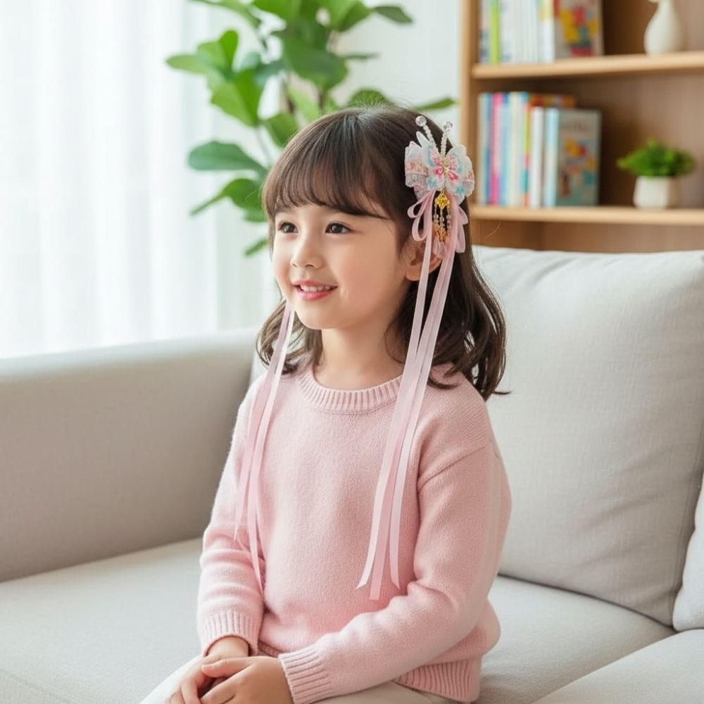 Une petite fille souriante porte un pull rose et un accessoire floral coloré dans les cheveux, assise sur un canapé