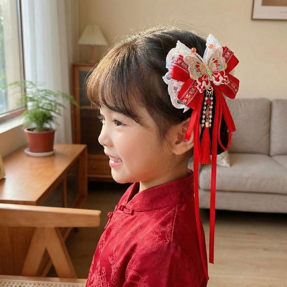 Fille souriante portant un kimono rouge avec un large nœud en satin rouge et blanc, décoré d'un papillon