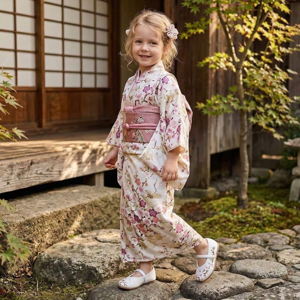 Fille souriante en kimono floral, marchant sur des pierres, avec un décor de jardin japonais en arrière-plan