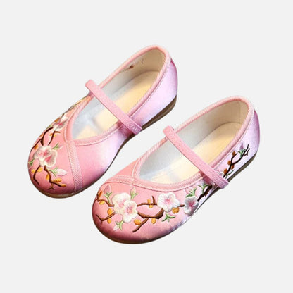Chaussures de danse pour enfant en satin rose avec broderies de fleurs et lanière ajustable