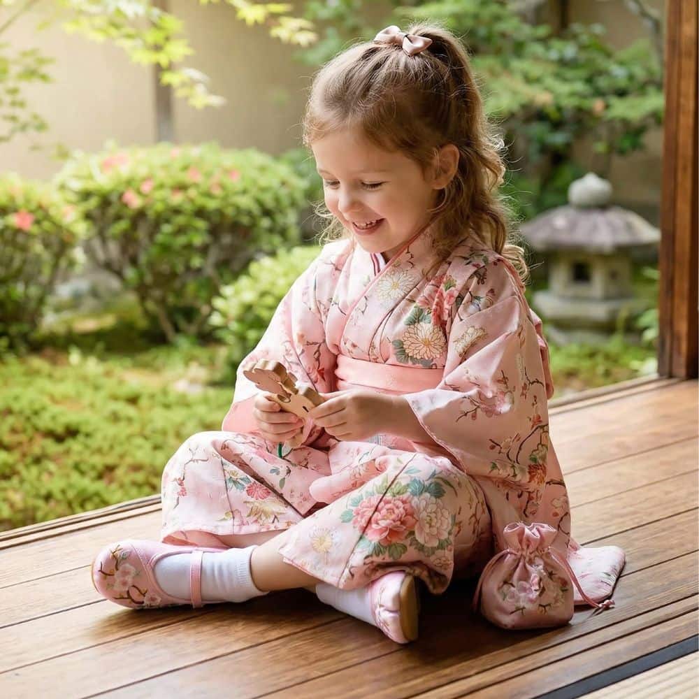 Une petite fille souriante porte un kimono rose à motifs floraux, assise sur un parquet en bois, dans un jardin