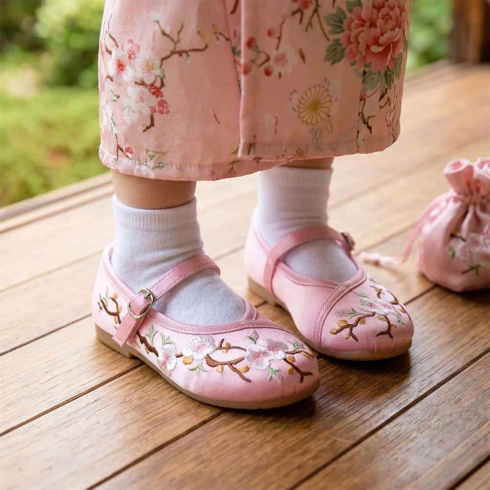 Petits pieds d'enfant dans des ballerines roses ornées de fleurs, sur un sol en bois naturel