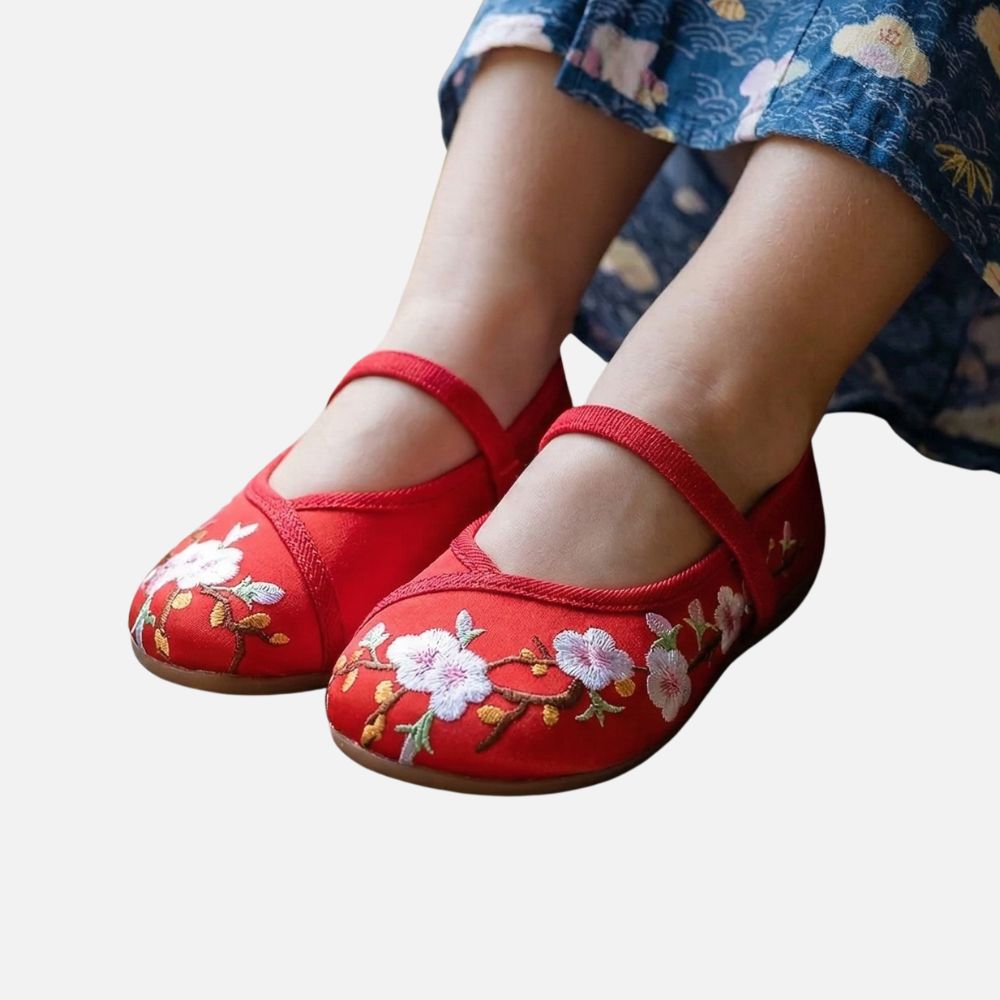 Chaussures de danse rouges ornées de fleurs brodées, posées sur un sol neutre, avec une jupe à motifs floraux