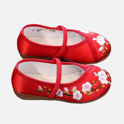 Chaussures de danse en satin rouge avec broderies florales blanches et vertes, semelle en cuir