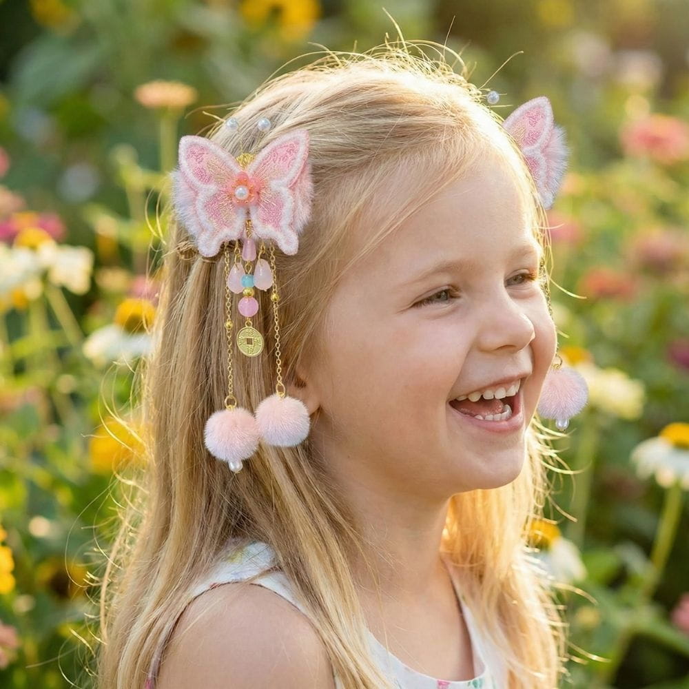 Une jeune fille souriante porte un accessoire floral coloré avec des papillons roses et des pompons dans un jardin