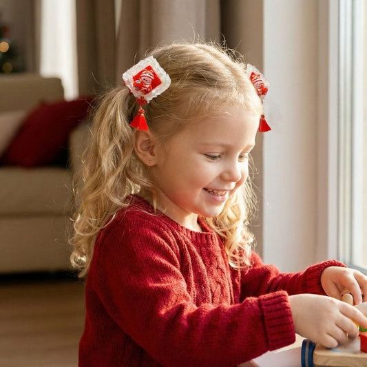 Une petite fille souriante porte un pull rouge et des barrettes décoratives, jouant près d'une fenêtre lumineuse