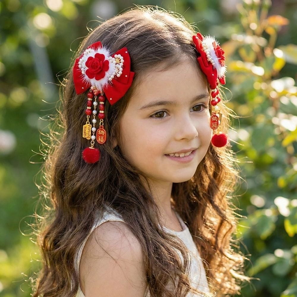 Fille souriante avec des cheveux bouclés, portant des accessoires rouges ornés de fleurs et de perles dans un jardin verdoyant