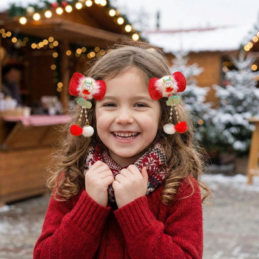Une petite fille souriante porte un pull rouge et des accessoires colorés dans un décor hivernal festif