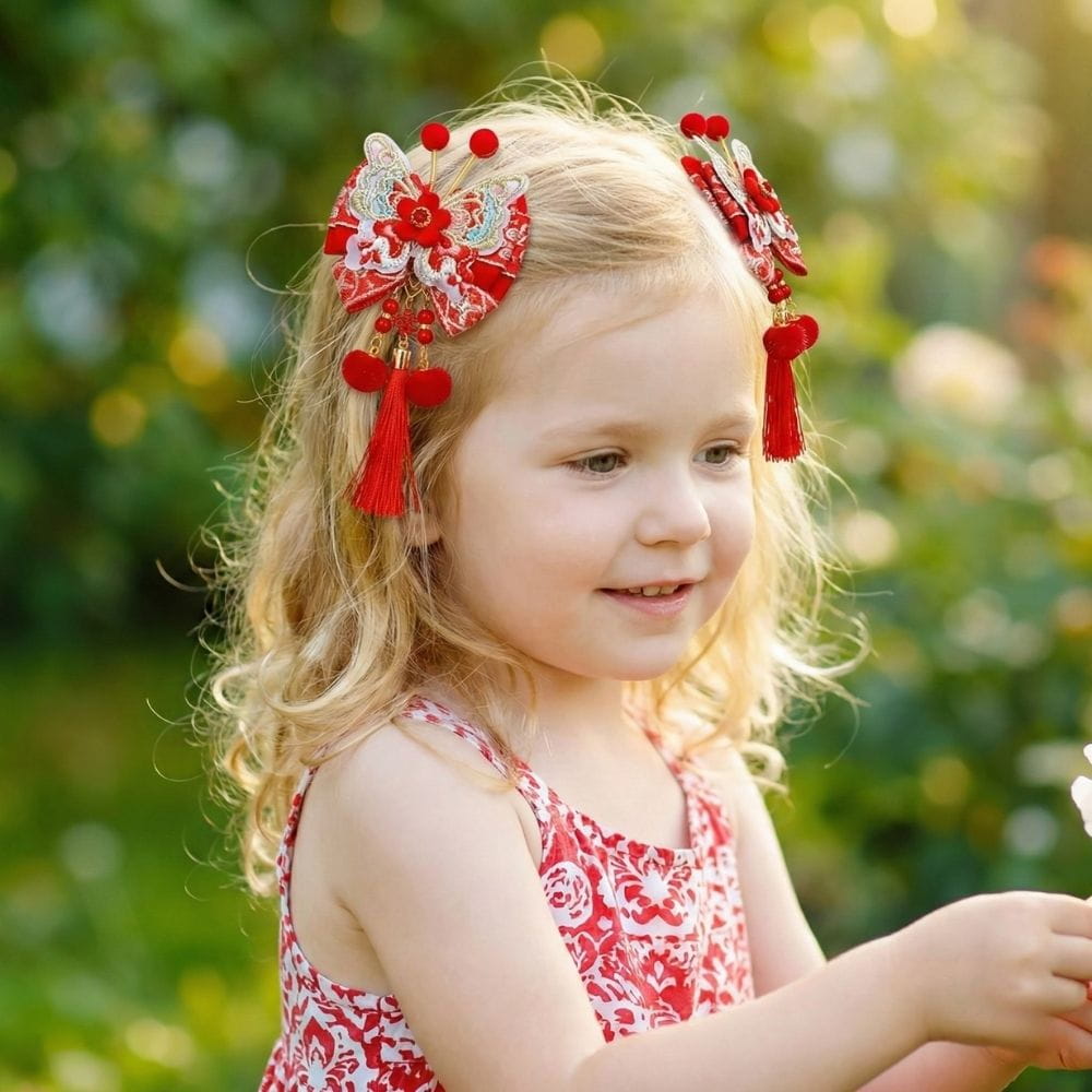Une petite fille souriante porte une robe rouge à motifs floraux et des accessoires colorés dans les cheveux