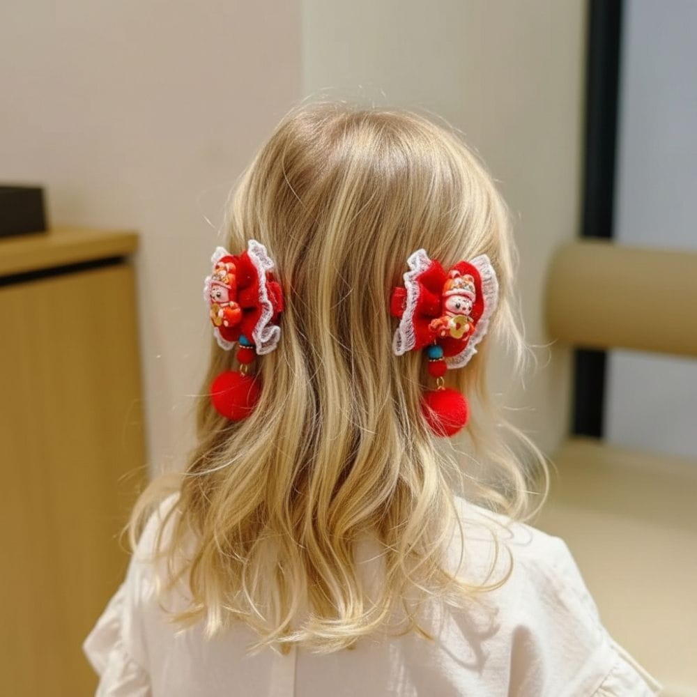 Fille aux cheveux blonds portant des accessoires rouges ornés de pompons et de motifs colorés, vue de dos