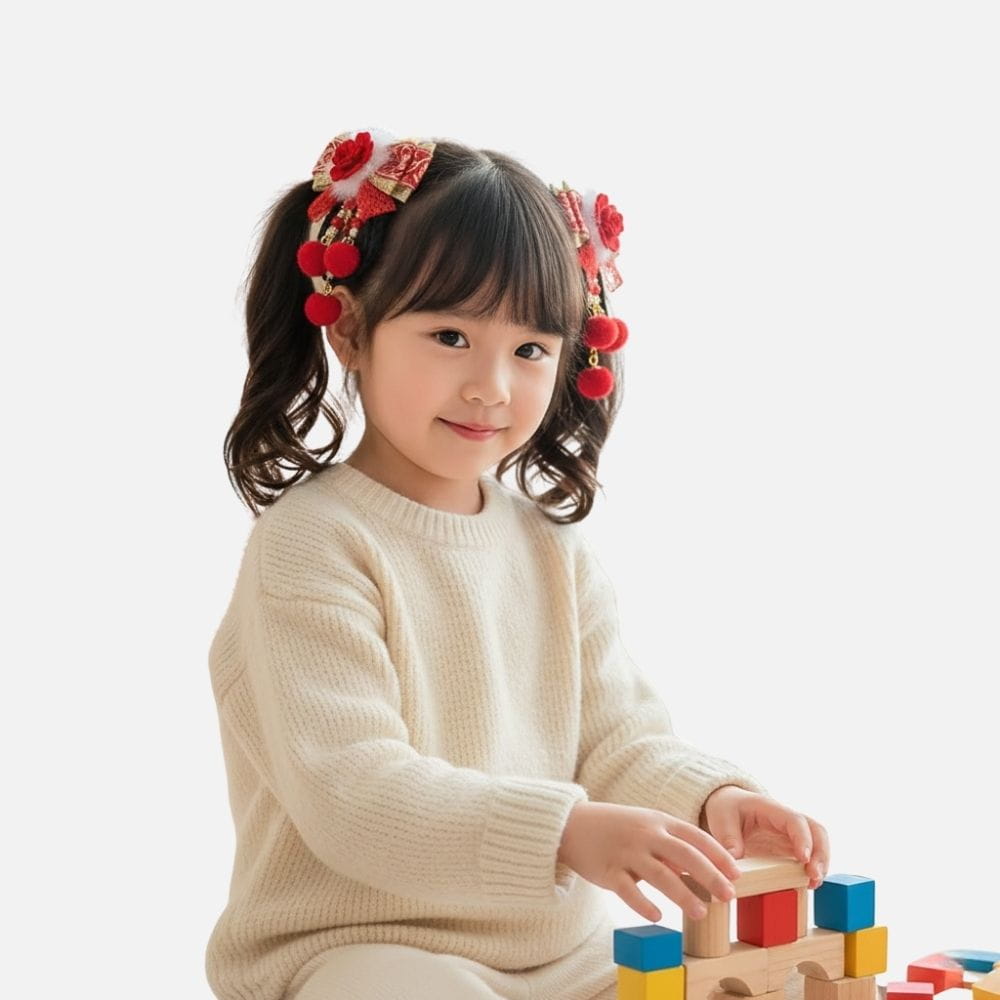 Une petite fille souriante en pull crème joue avec des blocs colorés, décorée de nœuds rouges dans les cheveux