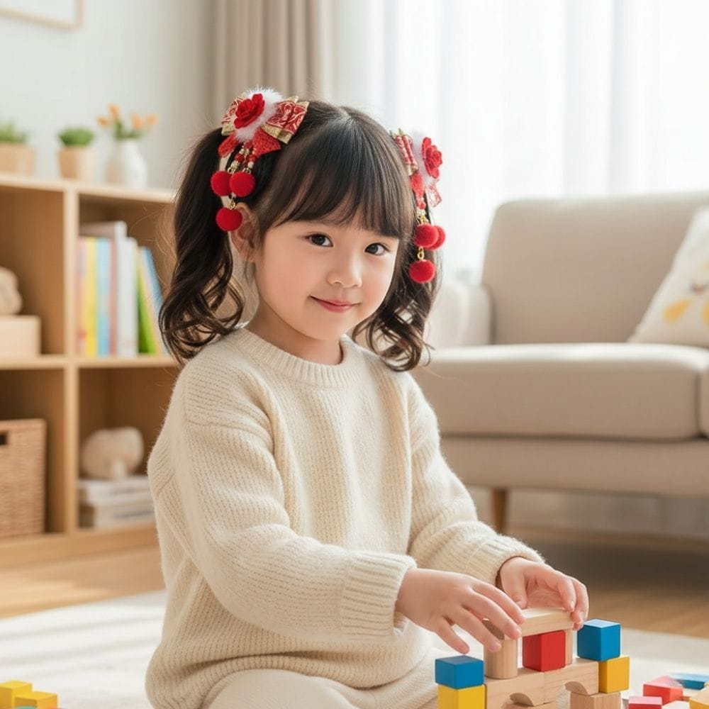 Fille souriante en pull beige, jouant avec des blocs colorés sur un tapis dans un intérieur lumineux