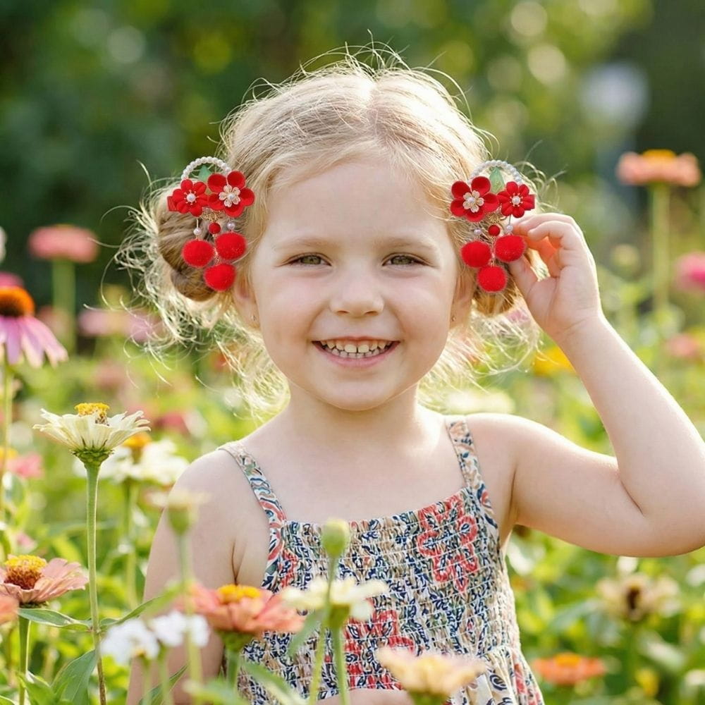 Petite fille souriante avec des fleurs rouges dans les cheveux, entourée de fleurs colorées dans un jardin ensoleillé