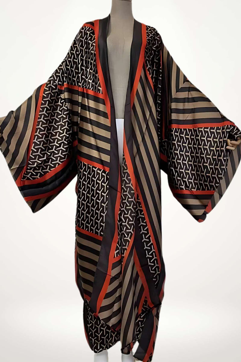 Cardigan kimono femme long en satin aux motifs géométriques noirs et rouges, coupe fluide et élégante pour un look chic et moderne
